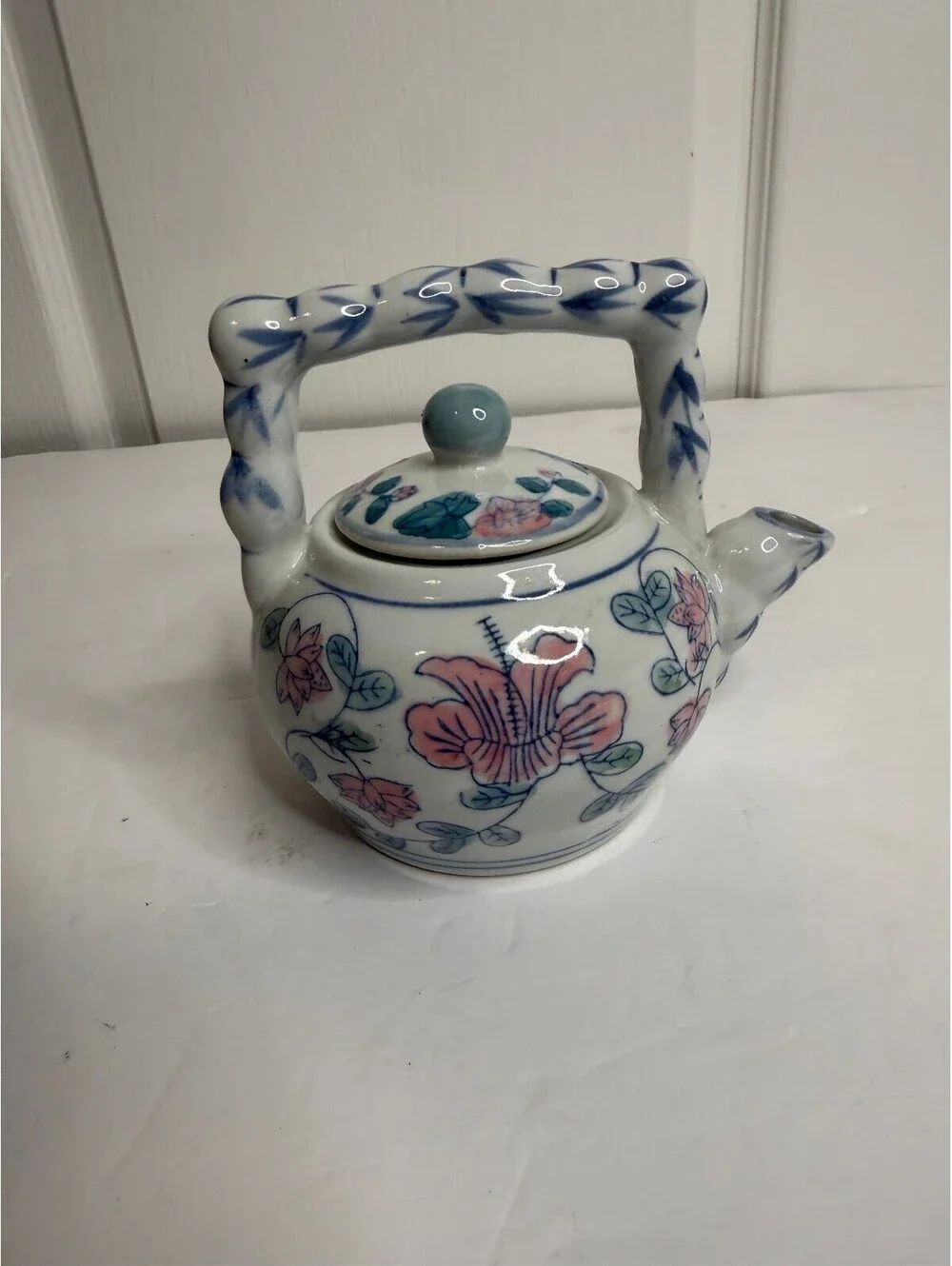 Vintage Asian Style Floral Porcelain Teapot Bamboo Style Handle